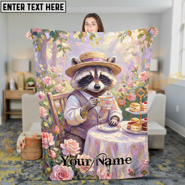 Joycorners Whimsical Raccoon wearing Hat Drinking Tea in Garden Personalized 3D Blanket