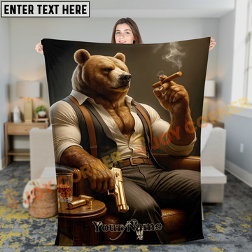 Joycorners Gangster Brown Bear Mafia Boss Smoking Cigar with Golden Gun Personalized 3D Blanket