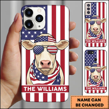 Joycorners Cool Charolais Cow Wearing USA Flag Bandana and Sunglasses Patriotic Style Personalized Name 3D Phone Case