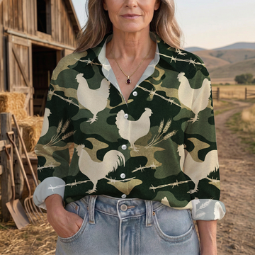 Joycorners Rooster Camouflage Barbed Wire Farm Casual Shirt