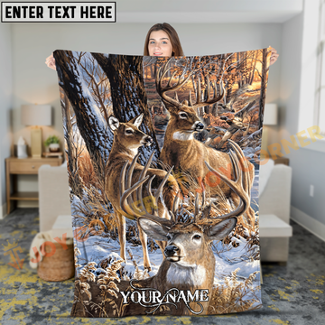 Joycorners Winter Whitetail Deer Family Wildlife Scene Personalized 3D Blanket
