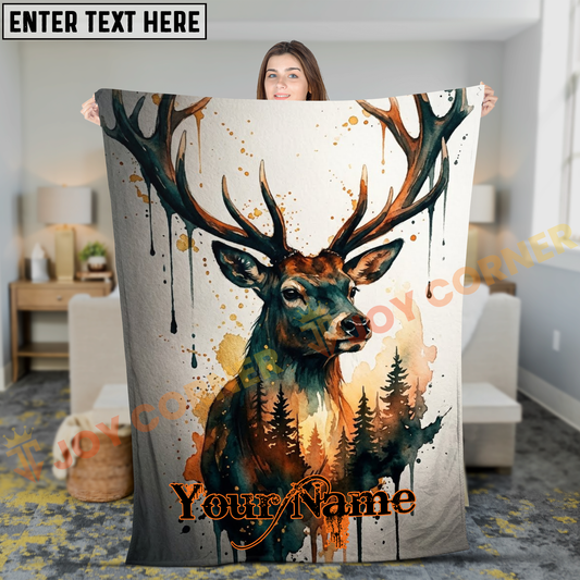 Joycorners Artistic Watercolor Deer Forest Splatter Personalized 3D Blanket