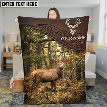 Joycorners Premium Leather Whitetail Deer Forest Hunting Personalized 3D Blanket