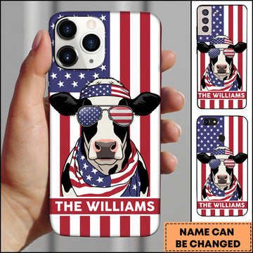 Joycorners Cool Holstein Cow Wearing USA Flag Bandana and Sunglasses Patriotic Style Personalized Name 3D Phone Case