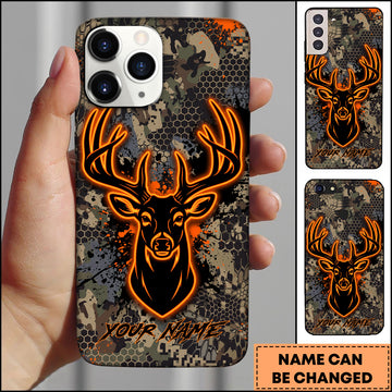 Joycorners Hunting Neon Deer Head Orange Glow Camo Pattern Personalized Name Phone Case