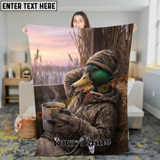 Joycorners Cute Mallard Duck Hunter Drinking Hot Coffee in Blind Personalized 3D Blanket
