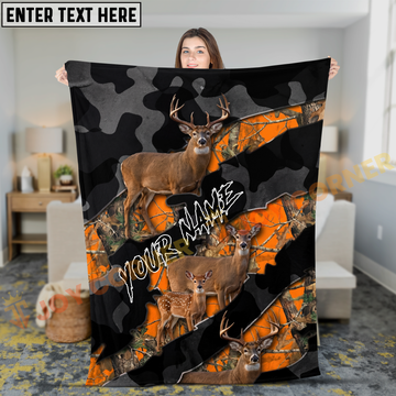 Joycorners Deer Family Orange Camo Hunting Personalized 3D Blanket