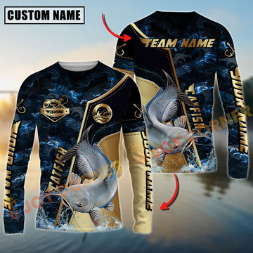 Joycorners Catfish Fishing Ocean Wave Gold Luxury Pattern Personalized Name, Team Name Long Sleeve Shirt
