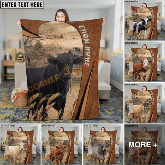 Joycorners Cow in Countryside Farm Vintage Brown Leather Frame Personalized Name 3D Blanket (8 Breeds)