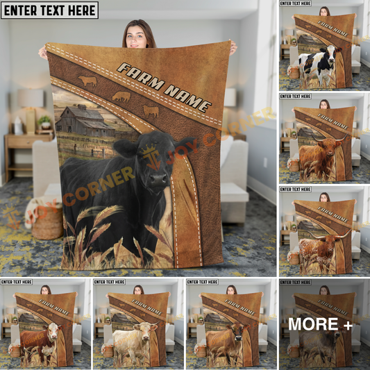 Joycorners Cow on Rustic Leather Background Farm Landscape Personalized Name 3D Blanket (8 Breeds)