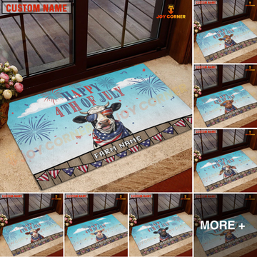 Joycorners Happy 4th of July Cow with USA Scarf Fireworks Personalized Name 3D Doormat (8 Breeds)