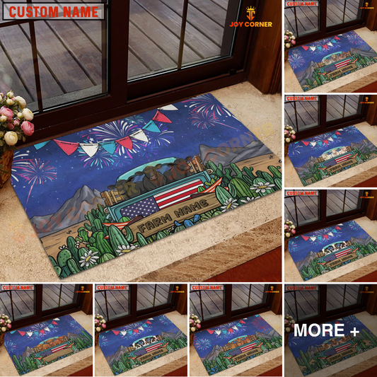 Joycorners Cow Trio on Farm Truck with American Flag Fireworks Rustic Country Personalized Name 3D Doormat (8 Breeds)