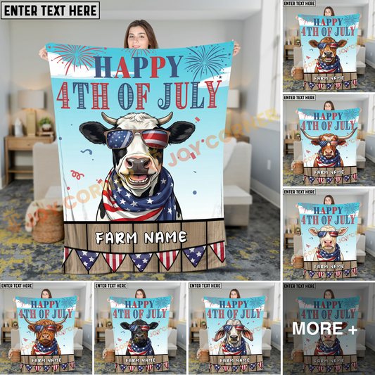 Joycorners Happy 4th of July Cow with USA Scarf Fireworks Patriotic Personalized Name 3D Blanket (8 Breeds)