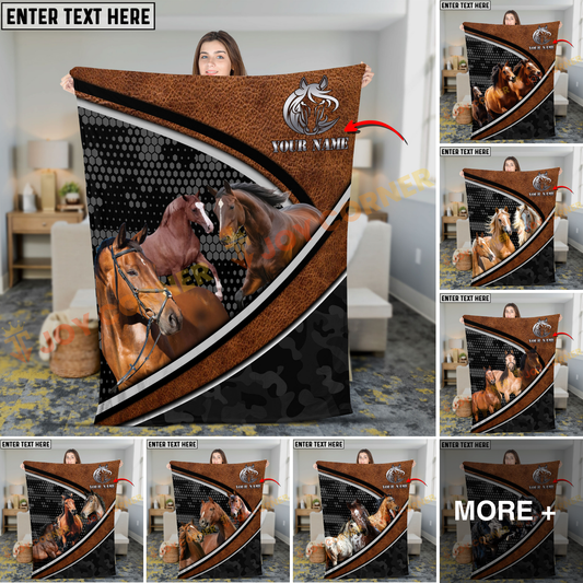 Joycorners Horse Patriotic USA Flag Vintage Leather Style Personalized Name 3D Blanket (8 Breeds)
