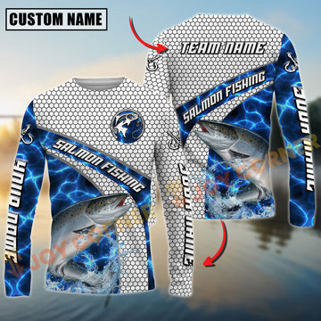 Joycorners Salmon Fishing Honeycomb Electric Water Splash Personalized Name, Team Name Long Sleeve Shirt