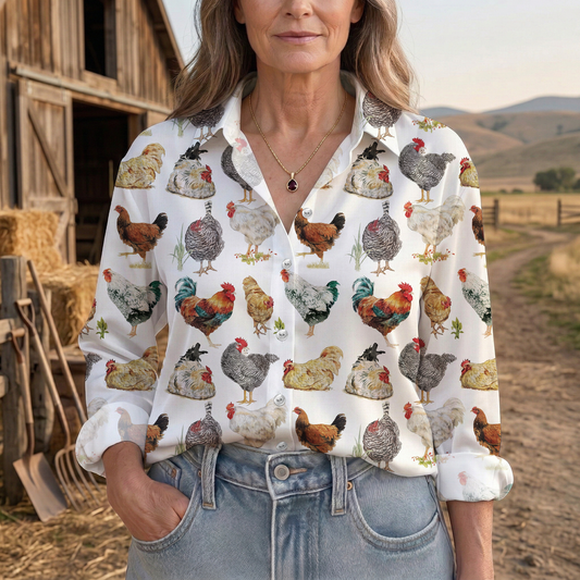 Joycorners Vintage Farm Chicken Illustration Casual Shirt