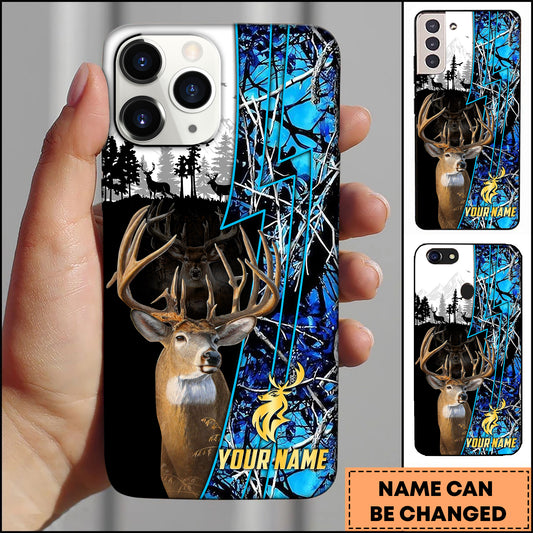Joycorners Hunting Phone Case Whitetail Deer Lightning Split Forest Camo Art Personalized Name Phone Case | Blue