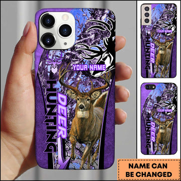 Joycorners Hunting Phone Case Running Whitetail Deer Vertical Typography Leather Camo Design Personalized Name Phone Case | Purple