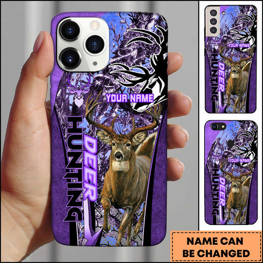 Joycorners Hunting Phone Case Running Whitetail Deer Vertical Typography Leather Camo Design Personalized Name Phone Case | Purple