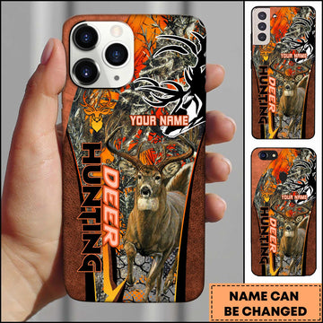 Joycorners Hunting Phone Case Running Whitetail Deer Vertical Typography Leather Camo Design Personalized Name Phone Case | Orange