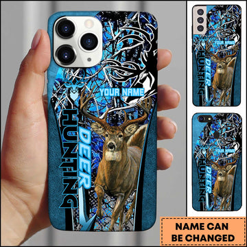 Joycorners Hunting Phone Case Running Whitetail Deer Vertical Typography Leather Camo Design Personalized Name Phone Case | Blue