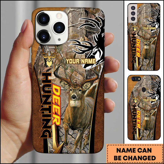 Joycorners Hunting Phone Case Running Whitetail Deer Vertical Typography Leather Camo Design Personalized Name Phone Case | Grass Brown