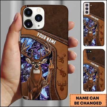 Joycorners Hunting Phone Case Funny Whitetail Deer Middle Finger Leather Stitch Camo Art Personalized Name Phone Case | Purple