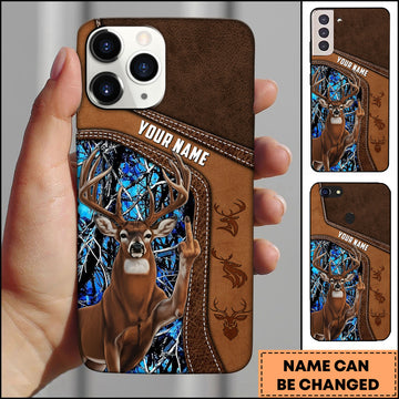 Joycorners Hunting Phone Case Funny Whitetail Deer Middle Finger Leather Stitch Camo Art Personalized Name Phone Case | Blue
