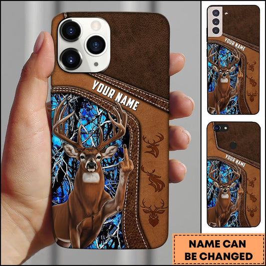 Joycorners Hunting Phone Case Funny Whitetail Deer Middle Finger Leather Stitch Camo Art Personalized Name Phone Case | Blue
