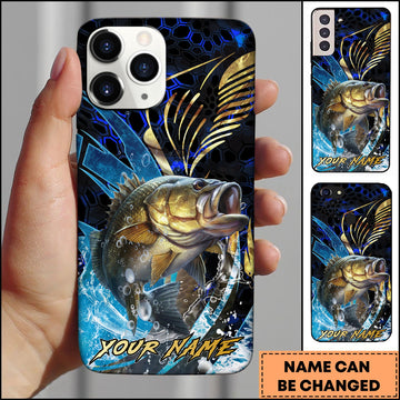 Joycorners Fishing Blue Honeycomb Splash Art Personalized Name Phone Case (10 Fish Species)