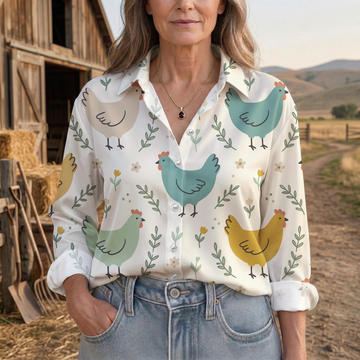 Joycorners Cute Chicken Floral Farm Pattern Casual Shirt