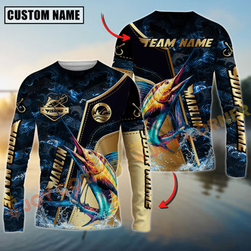 Joycorners Marlin Fishing Ocean Wave Gold Luxury Pattern Personalized Name, Team Name Long Sleeve Shirt