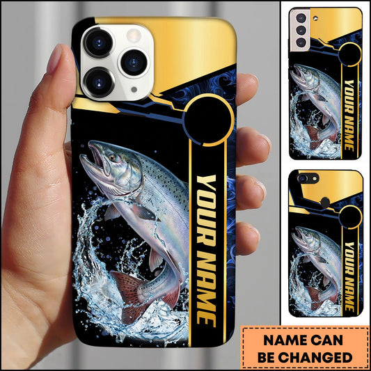 Joycorners Fishing Black Gold Tech Frame Water Splash Personalized Name Phone Case (10 Fish Species)