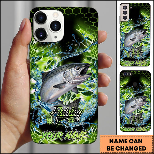 Joycorners Fishing Neon Green Honeycomb Water Splash Personalized Name Phone Case (10 Fish Species)