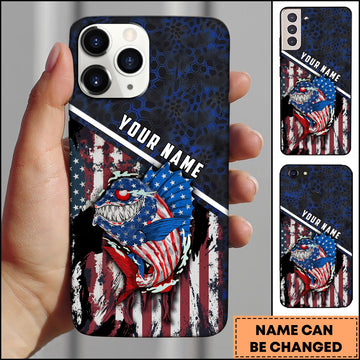 Joycorners Fishing Patriotic USA Flag Honeycomb Tech Style Personalized Name Phone Case (10 Fish Species)