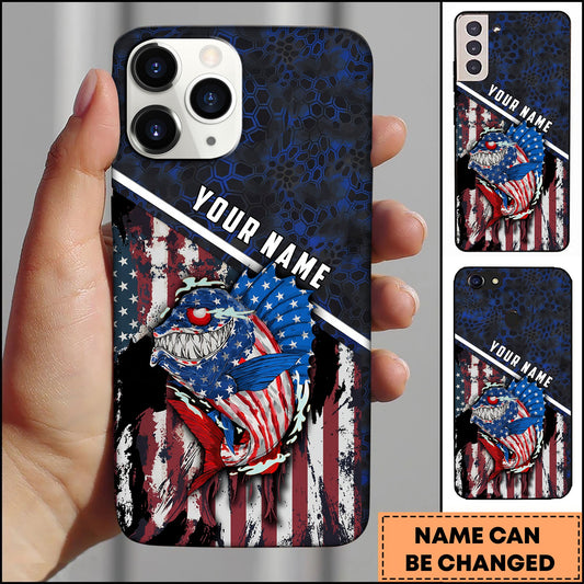 Joycorners Fishing Patriotic USA Flag Honeycomb Tech Style Personalized Name Phone Case (10 Fish Species)