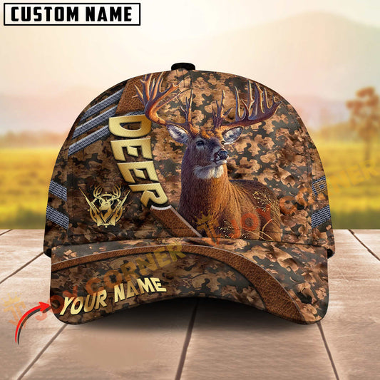 Joycorners Hunting Cap Brown Camo With Golden Line Personalized Name 3D Cap (Deer/Moose/Elk/Boar)