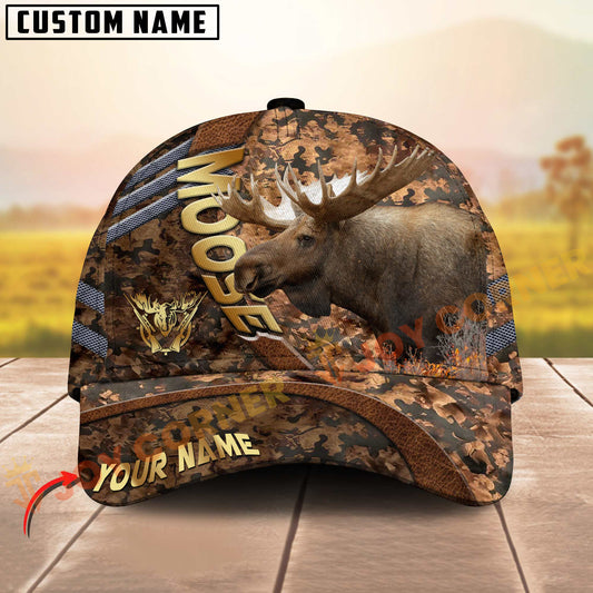 Joycorners Hunting Cap Brown Camo With Golden Line Personalized Name 3D Cap (Deer/Moose/Elk/Boar)