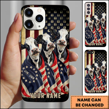Joycorners Patriotic Holstein Trio Wrapped in American Flag 1776–2026 Personalized Name 3D Phone Case