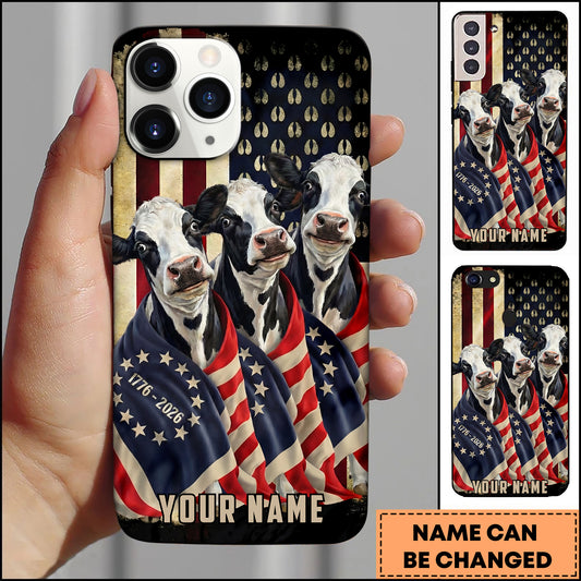 Joycorners Patriotic Holstein Trio Wrapped in American Flag 1776–2026 Personalized Name 3D Phone Case