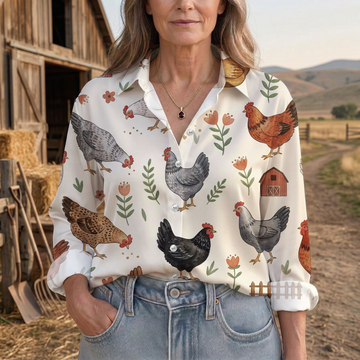 Joycorners Farm Chicken Floral Barnyard Pattern Casual Shirt