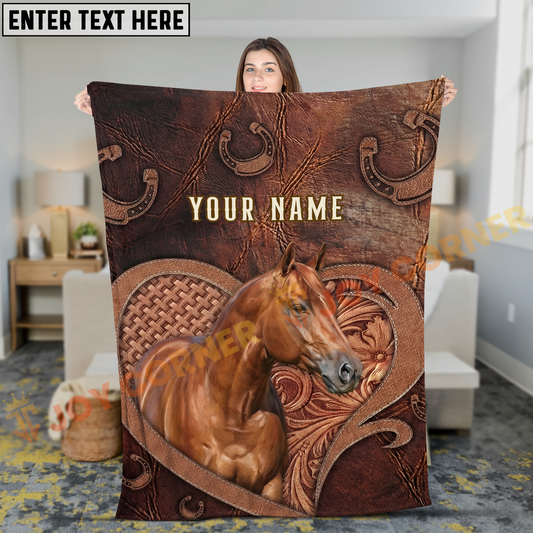 Joycorners Horse Vintage Western Leather Heart Frame Horseshoe Art Personalized Name 3D Blanket  (8 Breeds)