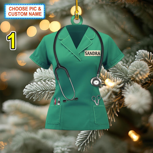 Joycorners Custom Name Nurse Scrubs Christmas Ornament, Christmas Tree Hanging Decor, Flat 2D Ornament Acrylic/ Wooden, Nursing, Gift For Nurse 2D Flat LM1611