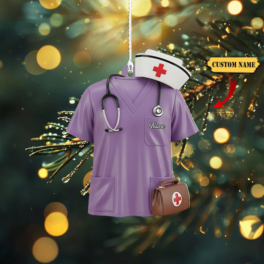 Joycorners Personalized Nurse Scrubs Christmas Acrylic Ornament with Custom Name, Medical Doctor Ornament, Healthcare Worker Ornament, Nurse Gift
 2D Flat LM1611