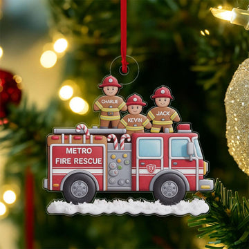 Joycorners Custom Name Firefighter Truck Team Acrylic Ornament – Personalized Christmas Tree Decoration, Gift for Heroes and Holiday Lovers 2D Flat LM1611