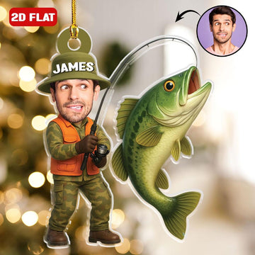 Joycorners Custom Fishing Photo Ornament Personalized Fishing Picture Ornament For Dads Fly Fisherman Angler Bass Trout Fish Ornament Reel Cool Grandpa