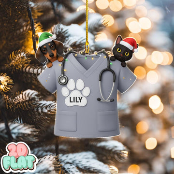 Joycorners Custom Vet Scrub Ornament, 2D Flat Veterinary Ornament with Dog and Cat, Personalized Pet Vet Gift, Animal Lover Christmas Decor
 2D Flat LM1611