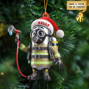 Joycorners Personalized Firefighter Ornament, Cute Acrylic Design with Santa Hat and Hose, Fireman Xmas Decoration for Hero Family, Fire Dept Keepsake 2D Flat TU1611