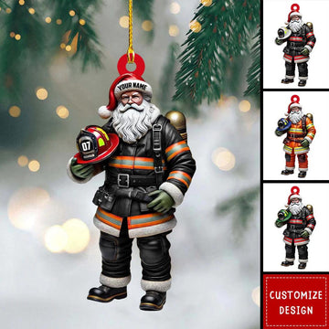 Joycorners Personalized Firefighter Santa Ornament, Custom Acrylic Design with Helmet and Suit, Fireman Xmas Decoration for Hero, Festive Keepsake 2D Flat TU1611
