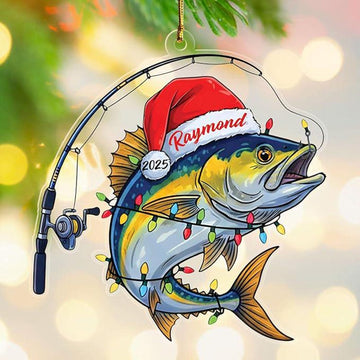 Joycorners Personalized Fishing Ornament, Custom Name and Year Fish Shaped Xmas Tree Decor, Unique Christmas Gift for Family or Fishing Lovers